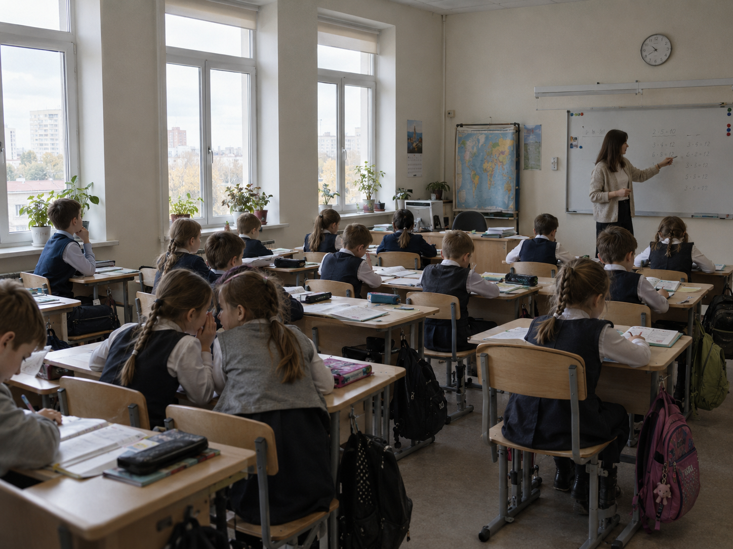 Урок в современном московском классе: дети за партами, учительница у доски